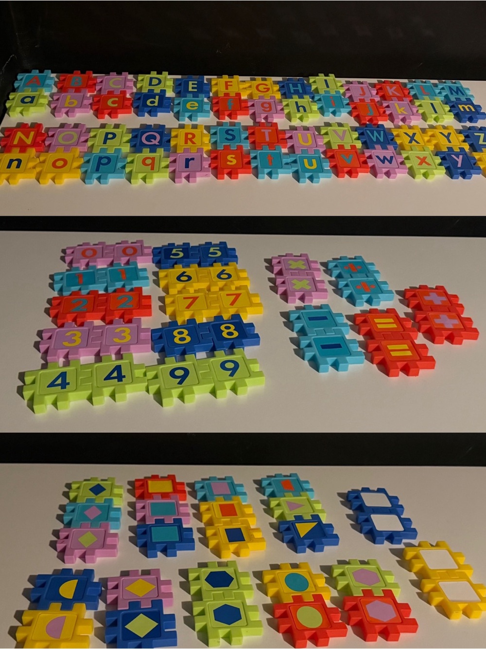 Interlocking educational pieces: alphabet, numbers, math symbols & shapes!
